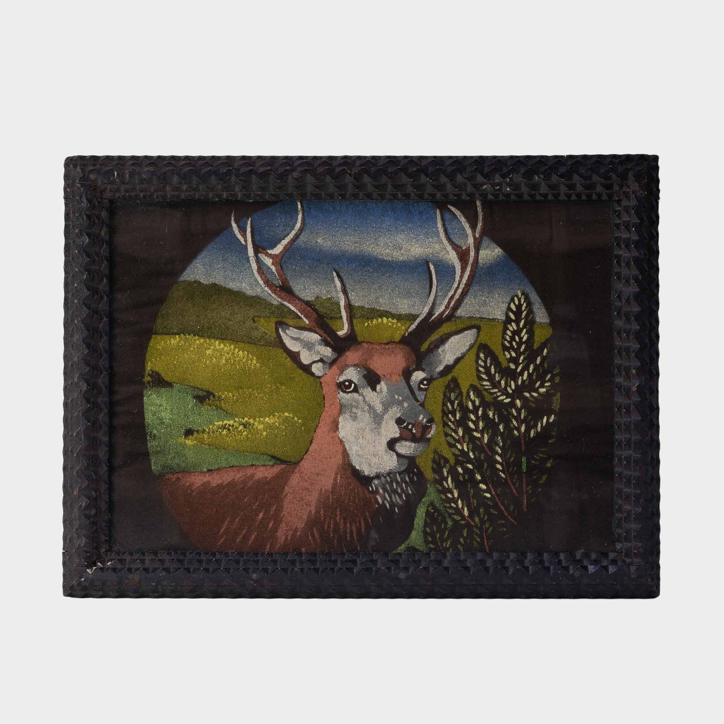 Vintage Deer Painting on Fabric, Tramp Art Frame