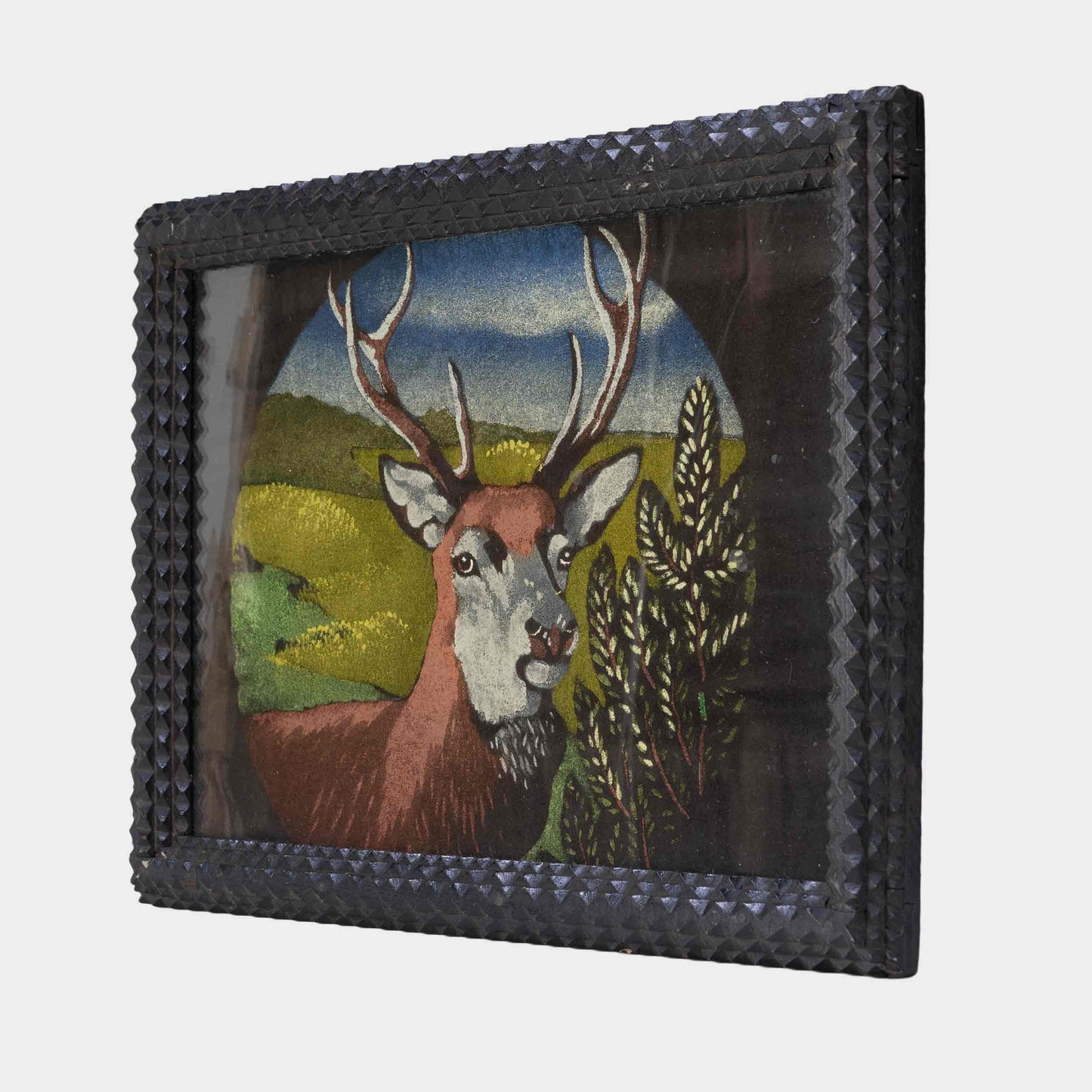 Vintage Deer Painting on Fabric, Tramp Art Frame