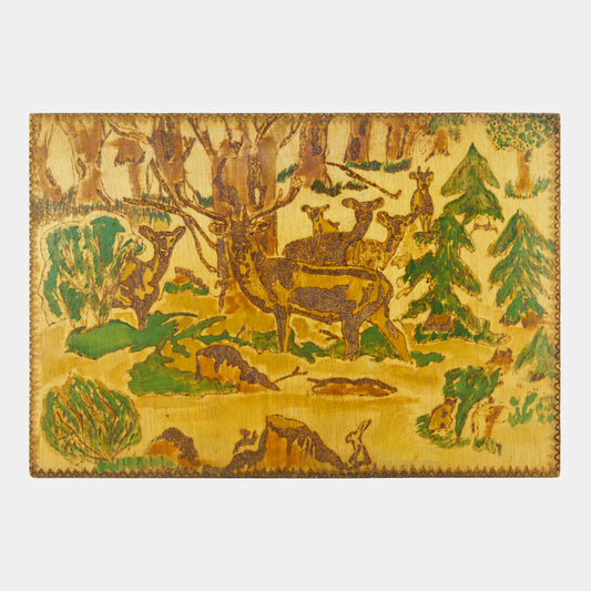 Vintage Wood Burned Panel of Forest with Deer
