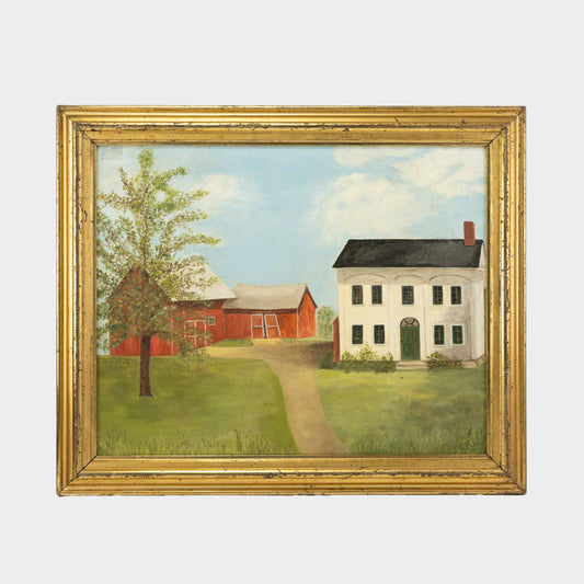 Vintage Folk Art Oil on Board early Homestead House and Barn, New York, 20th C.