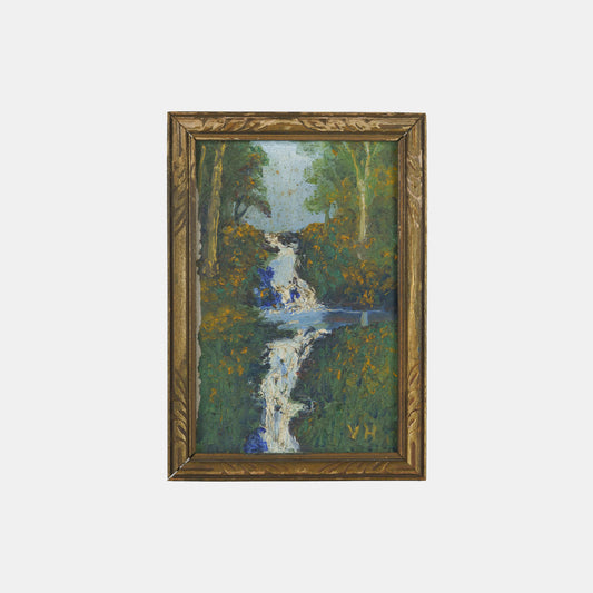 Antique Small Painting of Waterfall, 1935