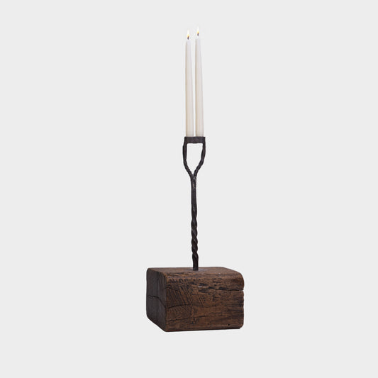 Antique Tall Forged Double Candlestick on Wood Block
