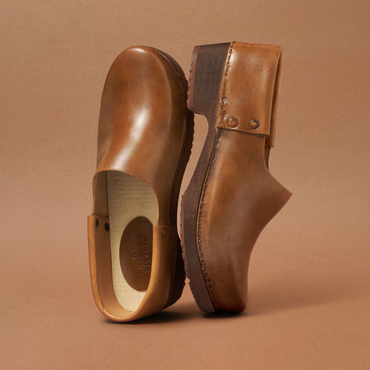 French Leather Clogs in Cognac