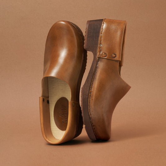 French Leather Clogs in Cognac
