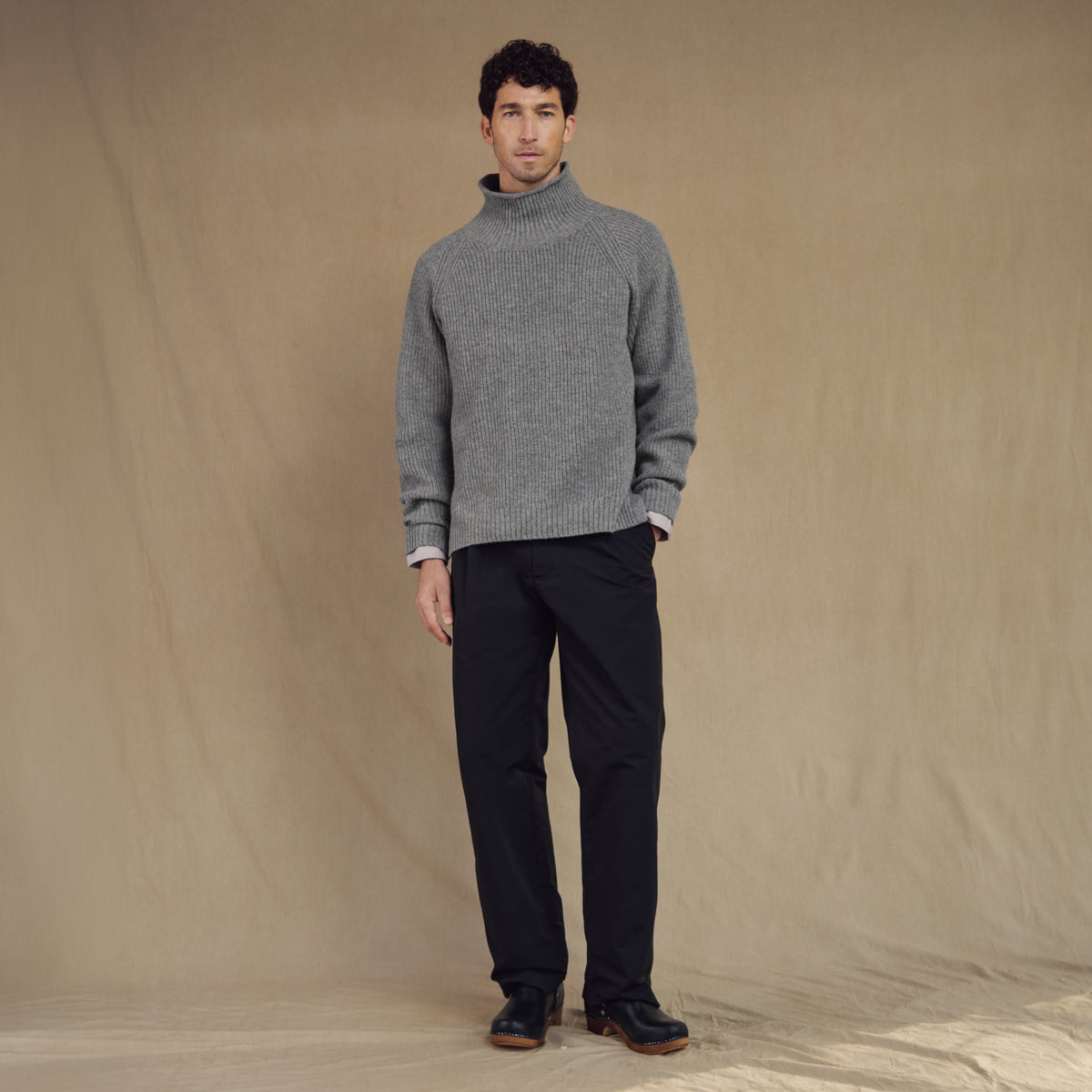Merino Wool Funnel Neck Sweater in Heather Grey