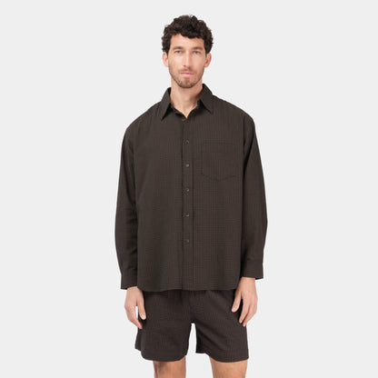 Gingham Seersucker Gardening Chemise in Brown Field Check