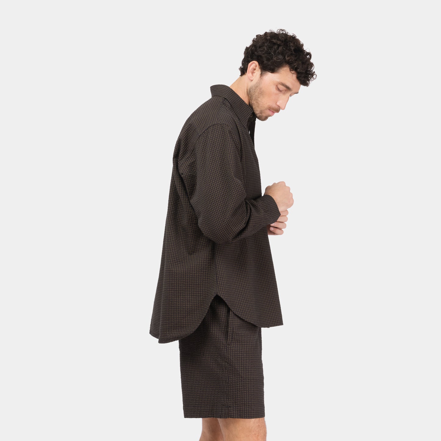 Gingham Seersucker Gardening Chemise in Brown Field Check