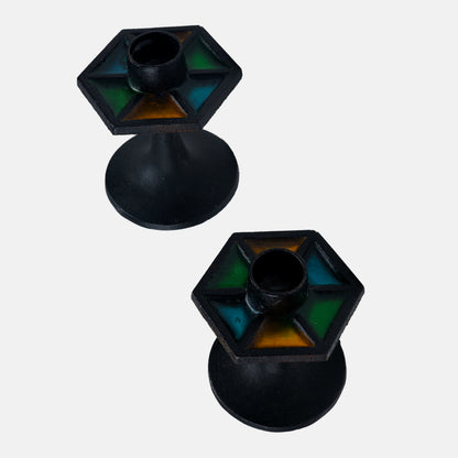Vintage Pair of Iron Candleholders with Stained Glass Detail, Japan