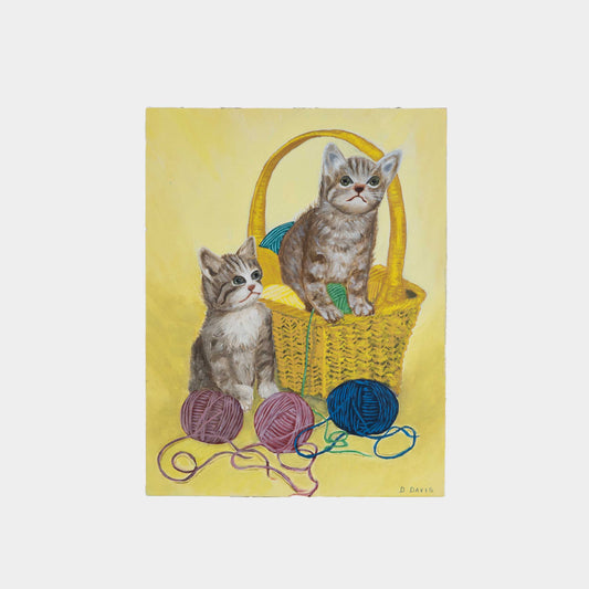 Vintage Painting of "Kittens and Yarn", 1958