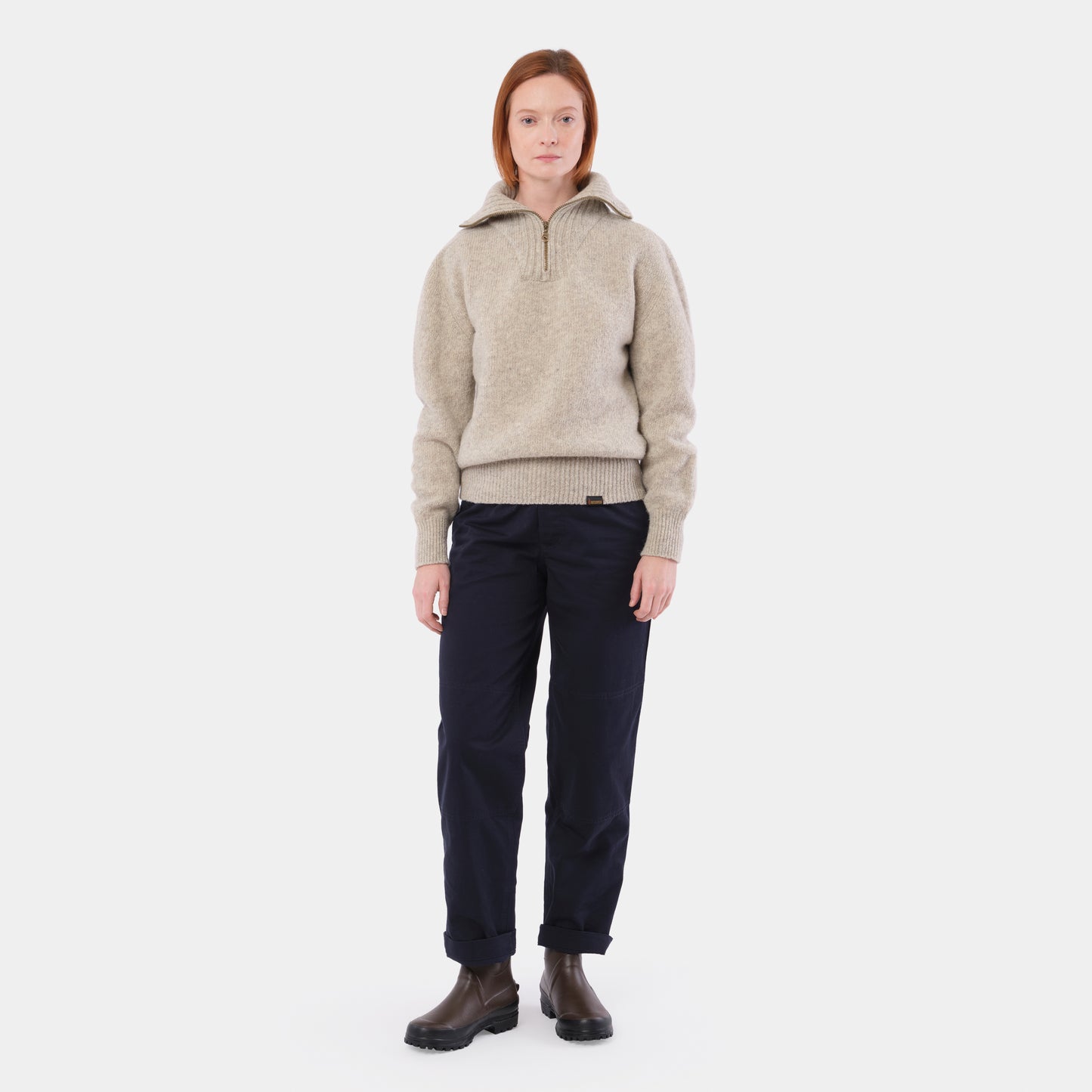 Le Laboureur Recycled Wool Quarter Zip Sweater in Ecru