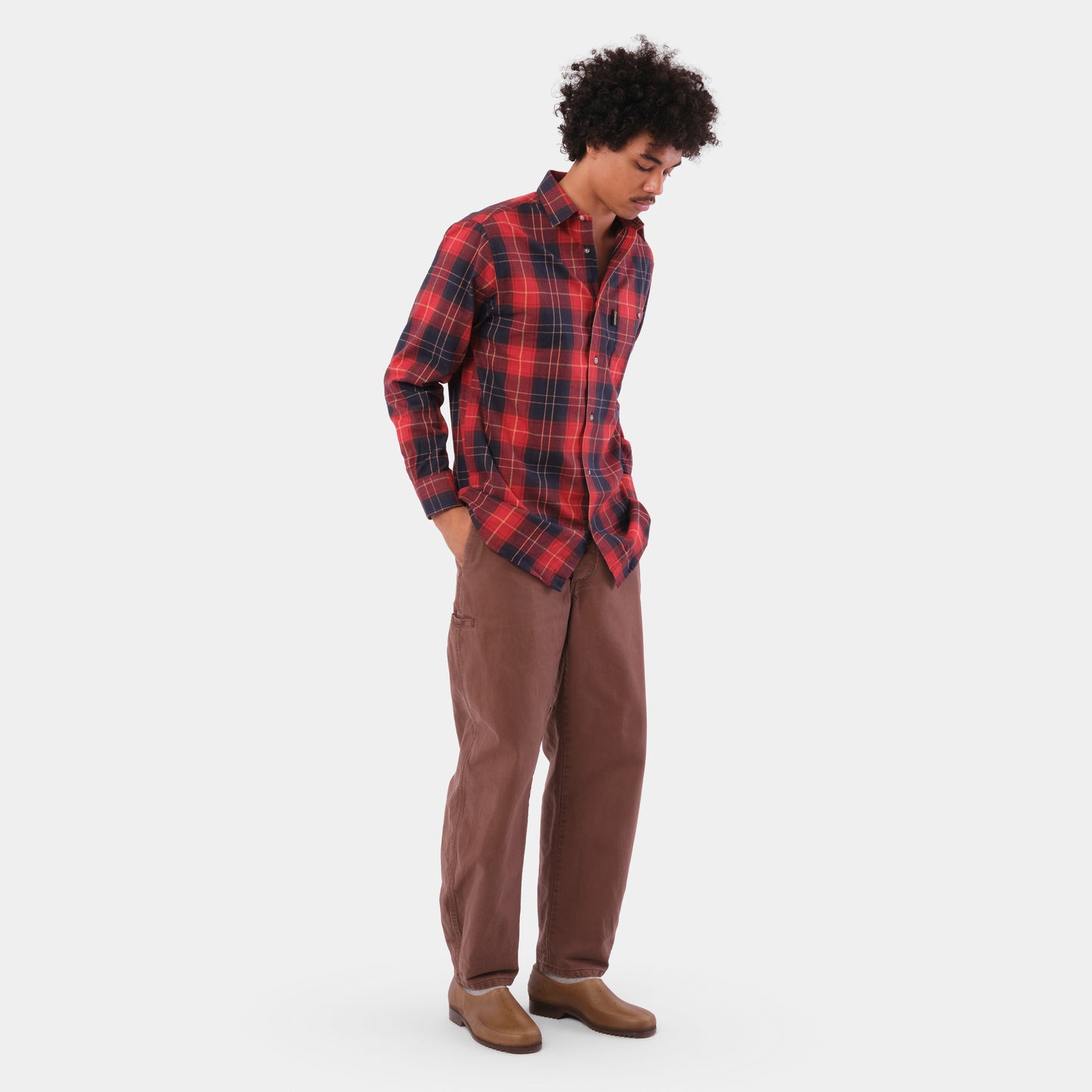 Le Laboureur French Flannel Long Work Shirt in Red