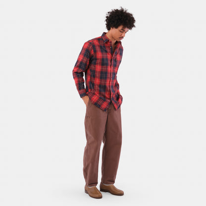 Le Laboureur French Flannel Long Work Shirt in Red