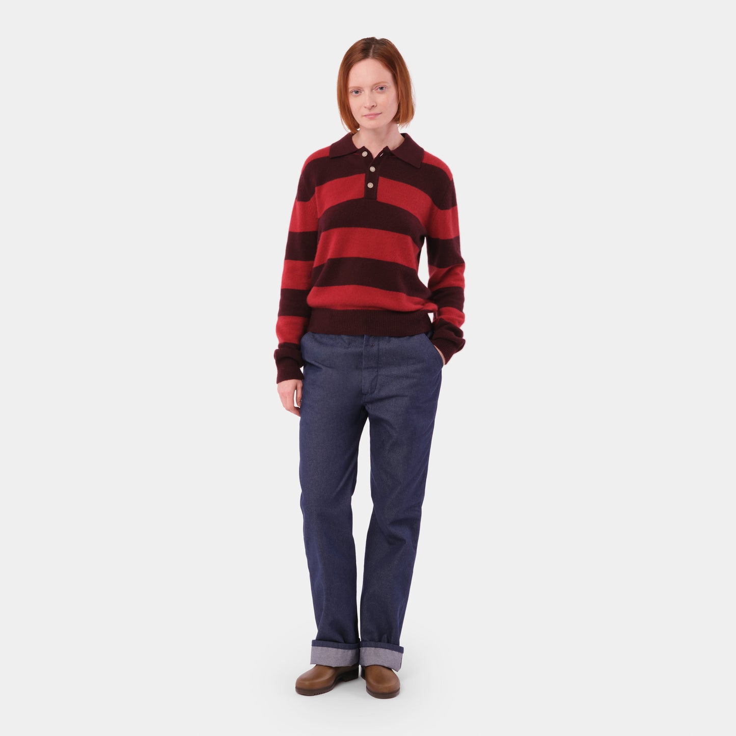 Himalayan Cashmere Striped Rugby Sweater in Oxblood/Poppy