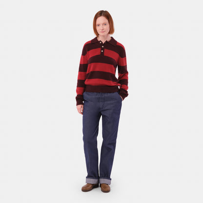 Himalayan Cashmere Striped Rugby Sweater in Oxblood/Poppy