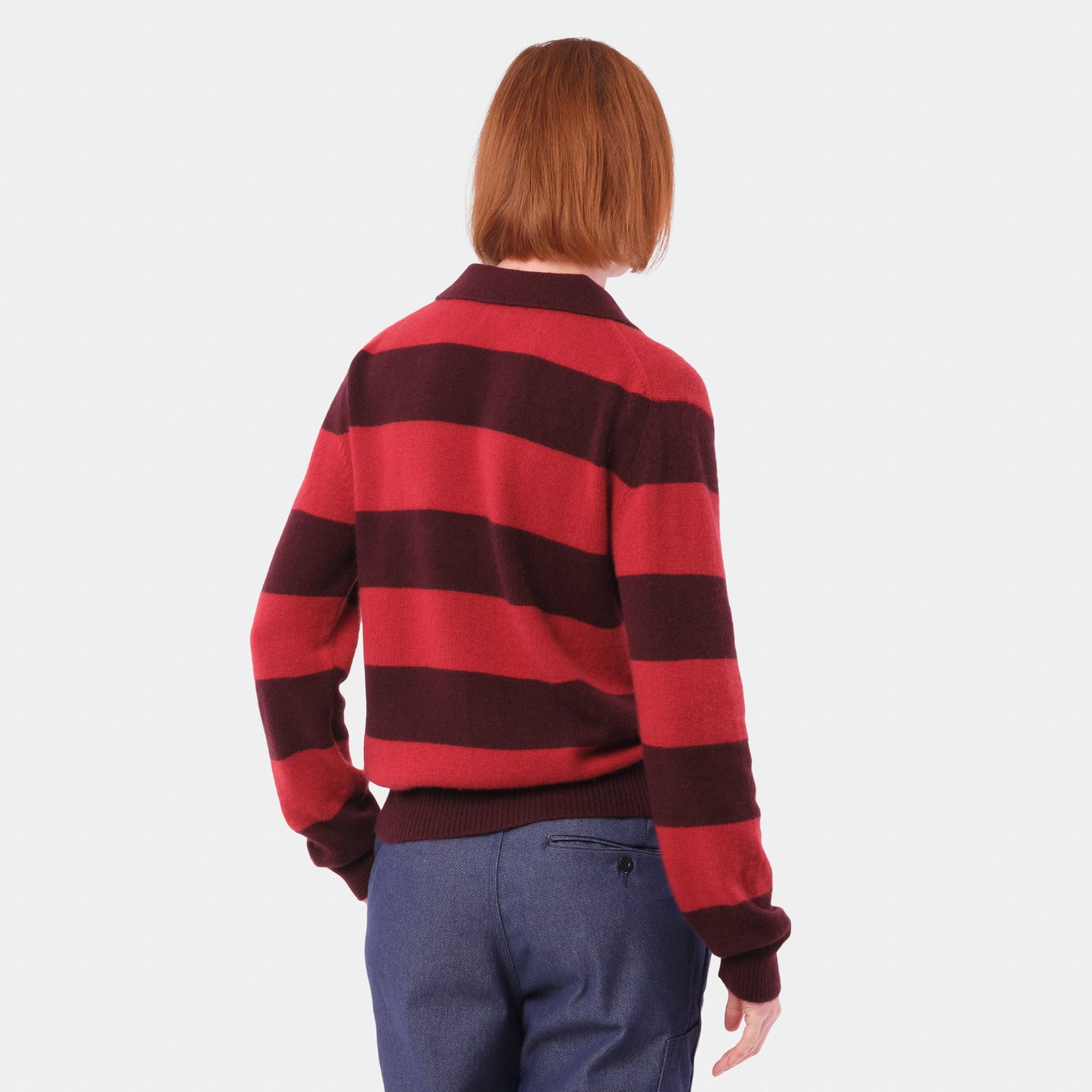 Himalayan Cashmere Striped Rugby Sweater in Oxblood/Poppy