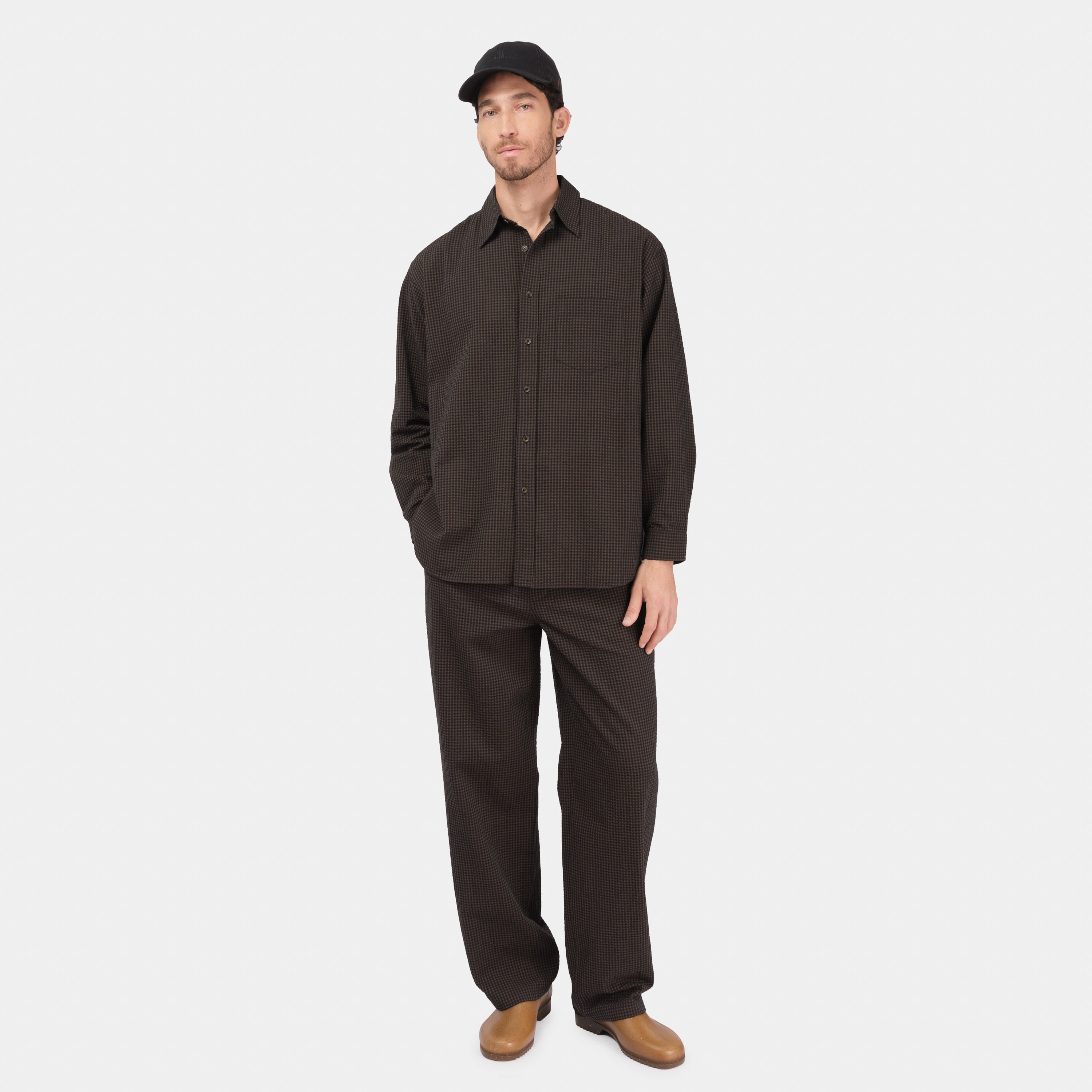 Gingham Seersucker Relaxed Pant in Brown Field Check