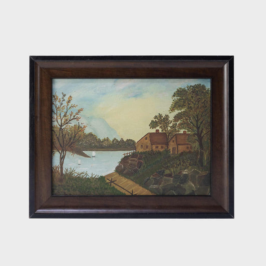 Antique Lake Scene, Oil on Board, Massachusetts