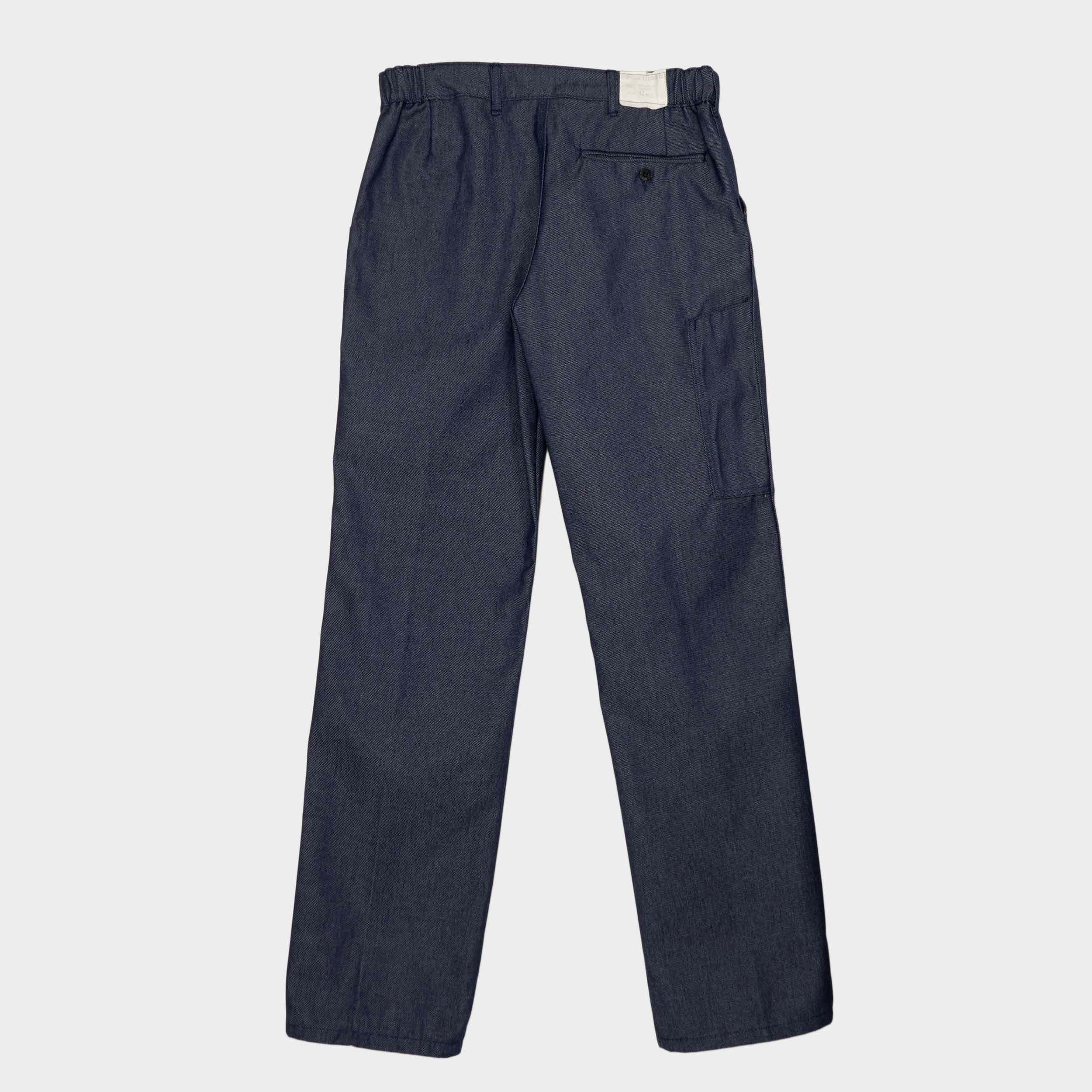 French work pants workwear dark blue denim jeans stained mends faded hipster good trousers wear slacks breeches