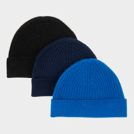 Himalayan Cashmere Fisherman Ribbed Beanie - Marine Palette