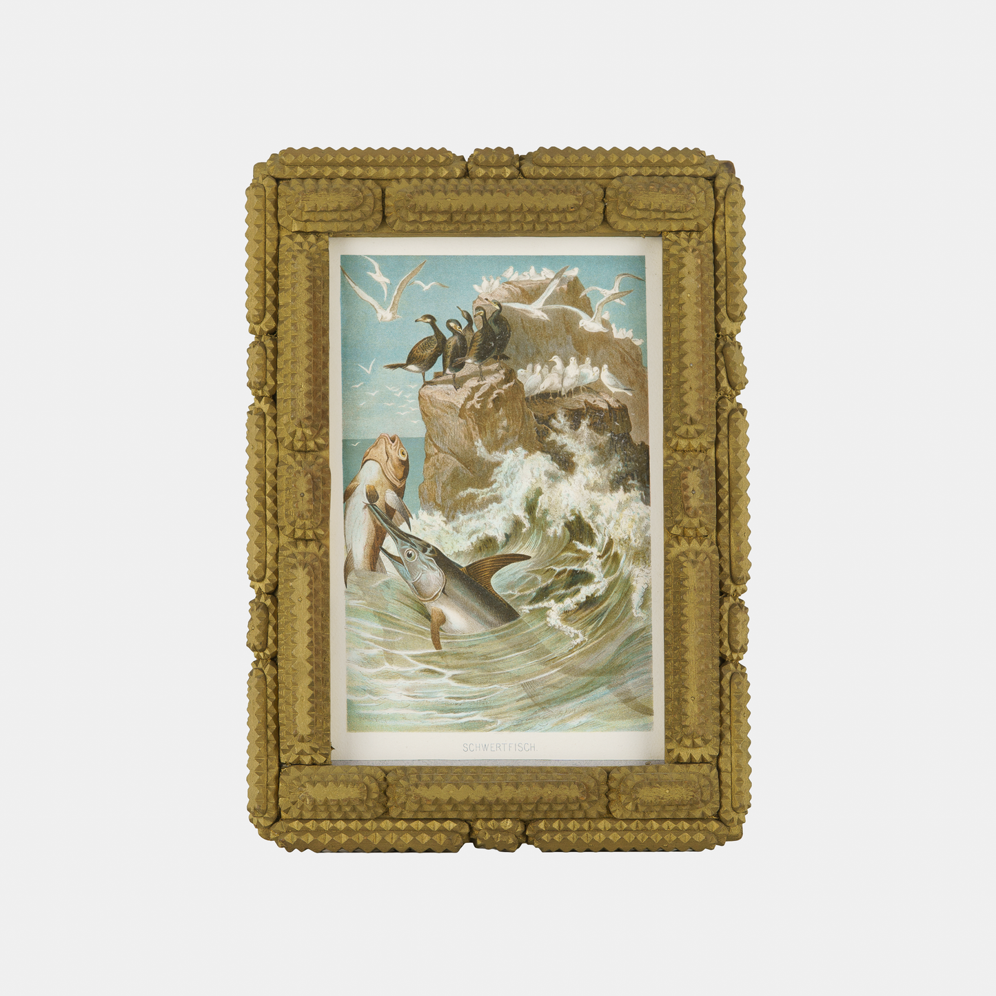 Antique Tramp Art Folk Frame (with Swordfish Lithograph)