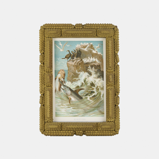 Antique Tramp Art Folk Frame (with Swordfish Lithograph)