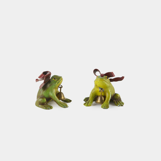 Vintage Enamel Painted Miniature Frogs with Bells, 1920's