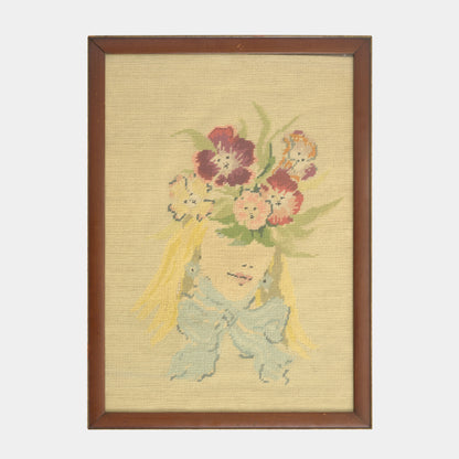 Vintage Needlepoint of Woman with Floral Crown, 1956