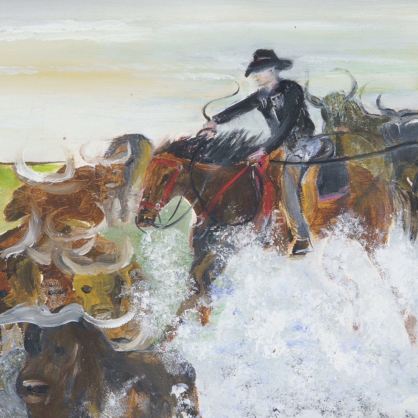 Vintage Folk Painting of Cowboy and Herd