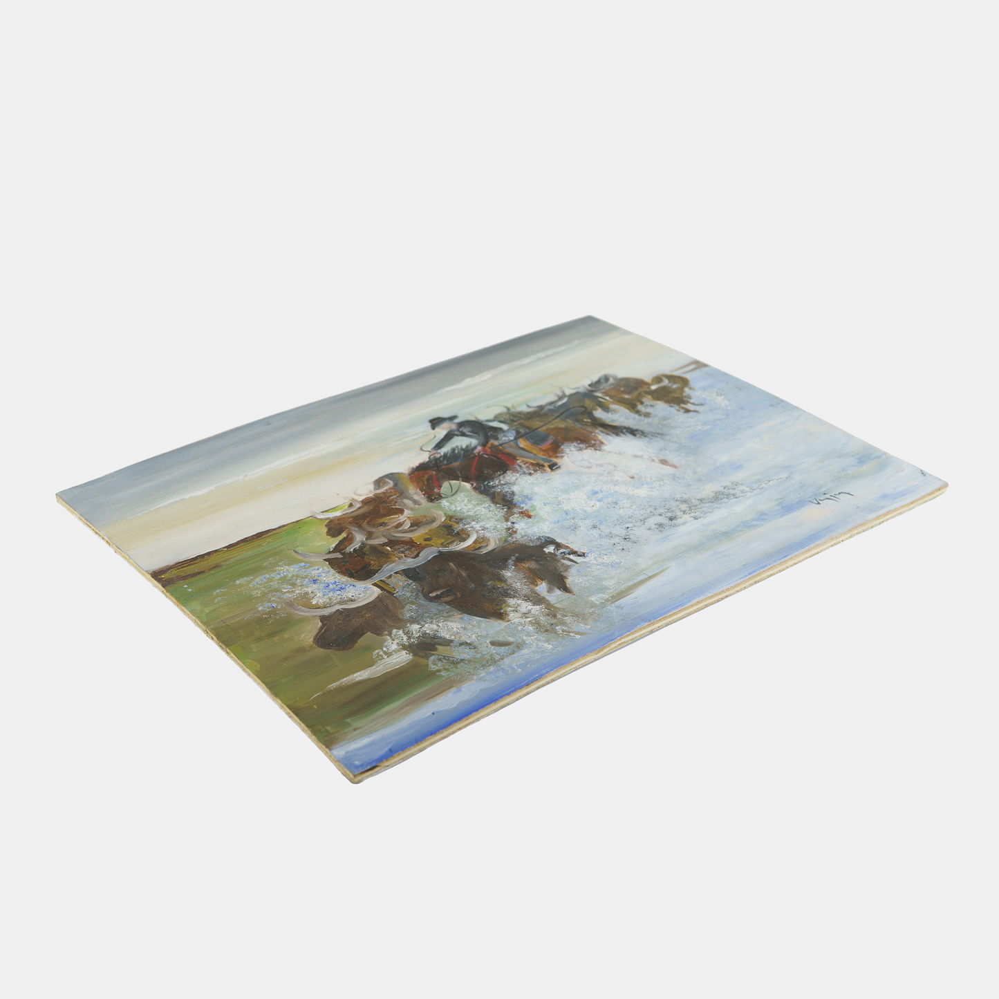 Vintage Folk Painting of Cowboy and Herd