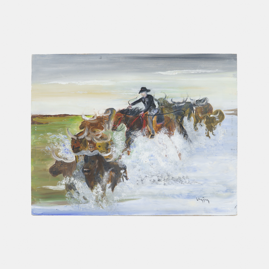 Vintage Folk Painting of Cowboy and Herd