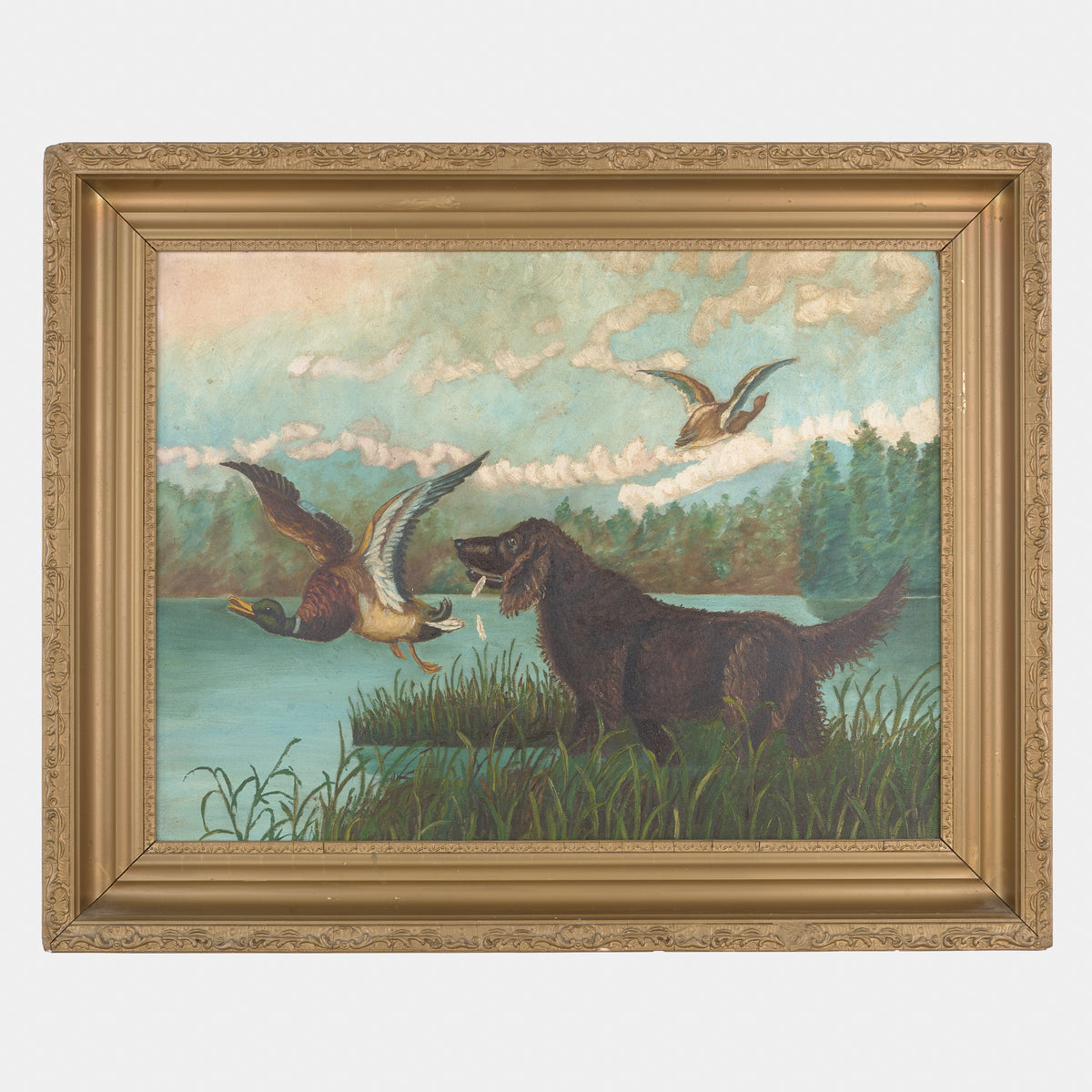 Antique Painting of Hunting Dog with Mallard Ducks