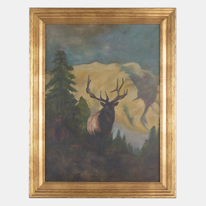Antique Large Oil Painting of Elk
