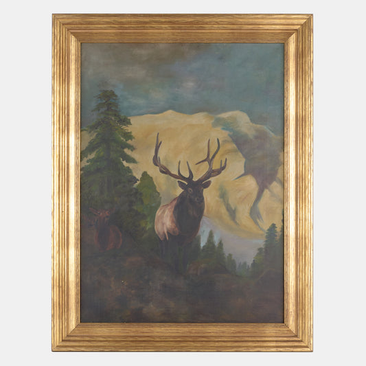 Antique Large Oil Painting of Elk