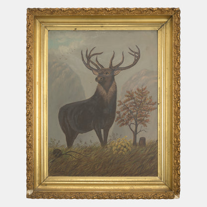 Antique Large Oil Painting of Stag Deer, Adirondacks NY