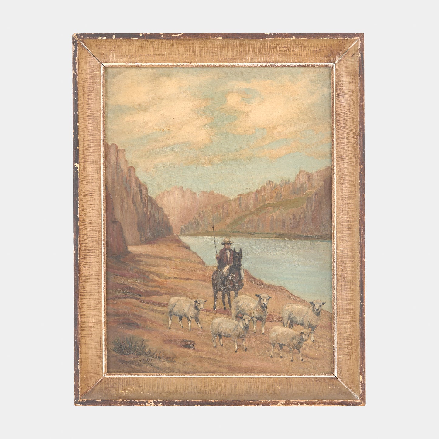 Vintage Painting of Shepherd and Flock "Changing Pastures", 1950s