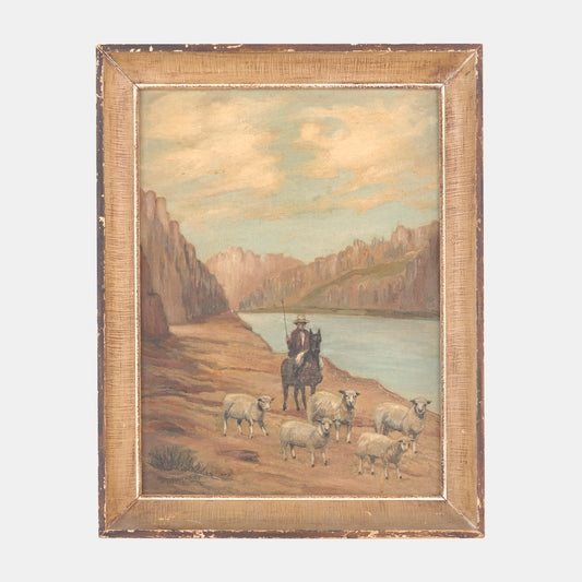 Vintage Painting of Shepherd and Flock "Changing Pastures", 1950s