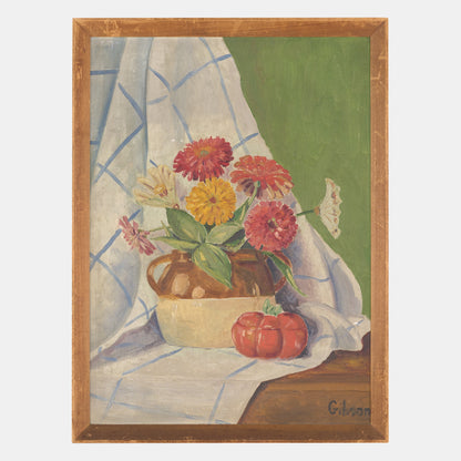 Vintage Large Still Life of Flowers and Tomato