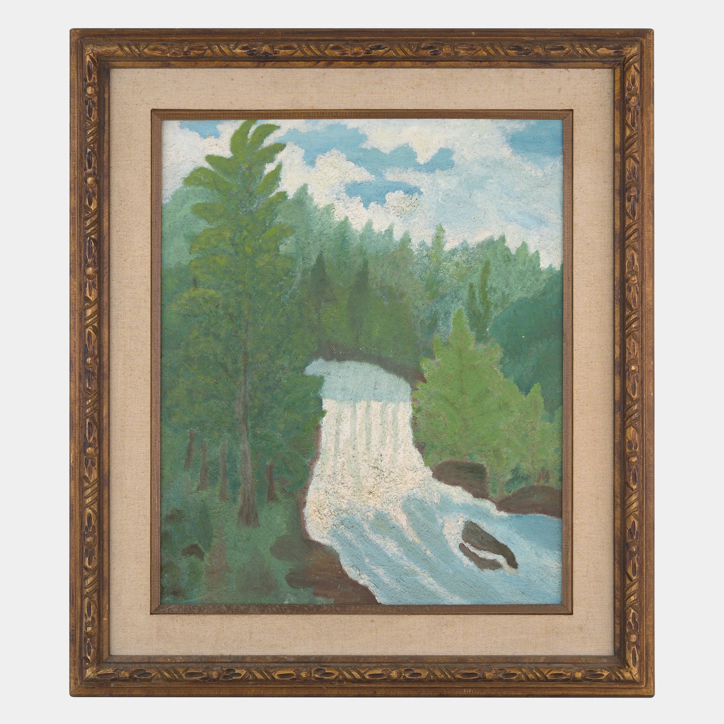 Antique Large Folk Painting of Waterfall, New York