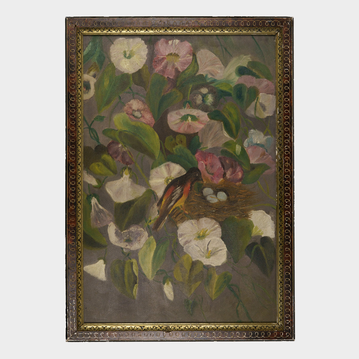 Antique Painting of Trumpet Flowers with Oriole and Nest, 19th C