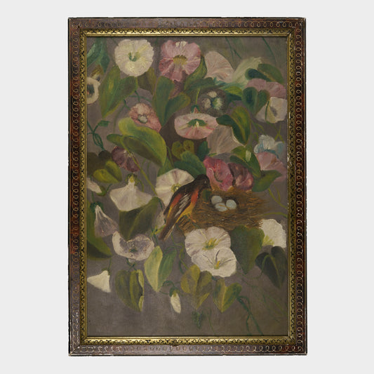 Antique Painting of Trumpet Flowers with Oriole and Nest, 19th C
