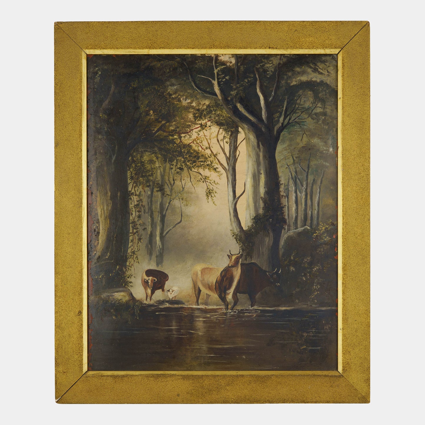 Antique Folk Painting of Herd in Forest