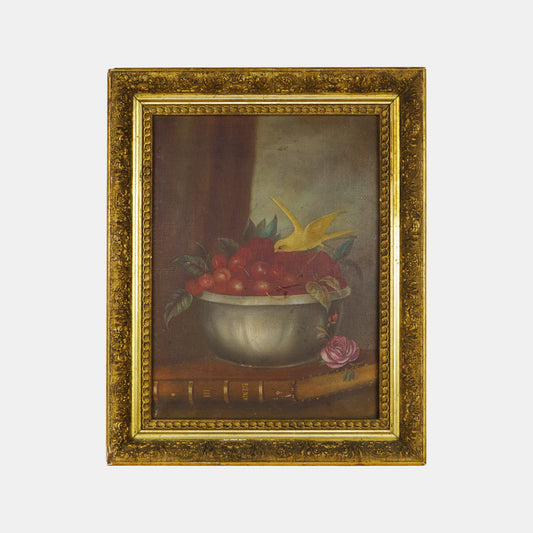 Antique Painting of Canary with Cherries, 1800s