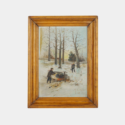Antique Painting of Maple Sugaring in Winter, 1907
