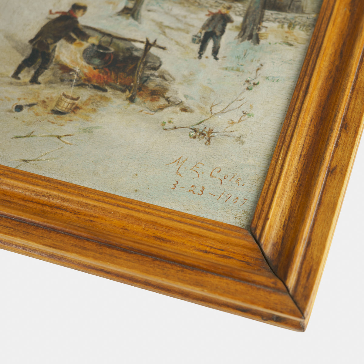Antique Painting of Maple Sugaring in Winter, 1907