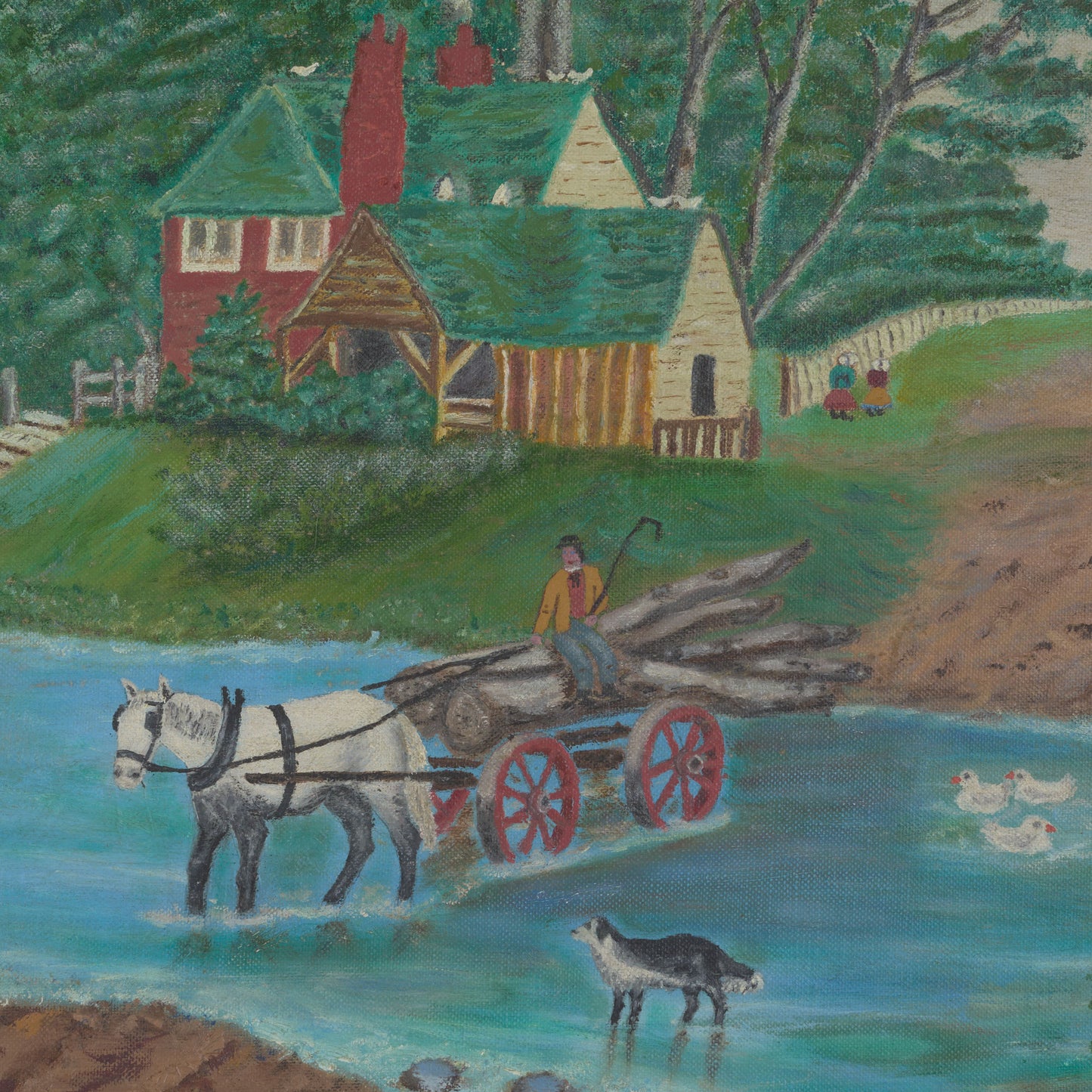 Vintage Painting of River Crossing