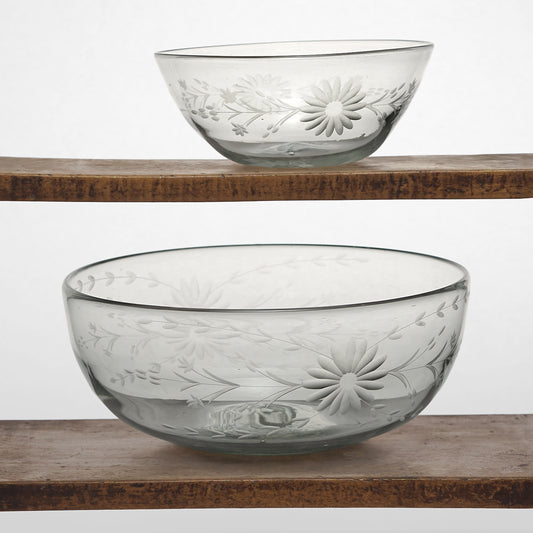 Floral Etched Serving Bowls in Blown Recycled Glass