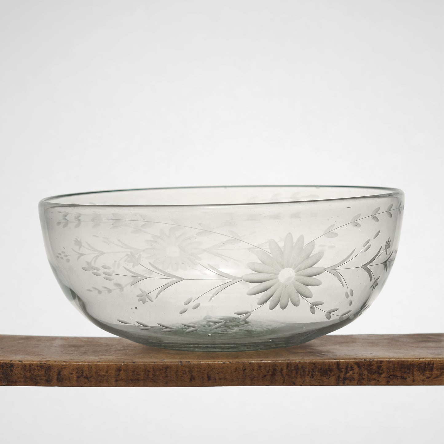 Floral Etched Serving Bowls in Blown Recycled Glass