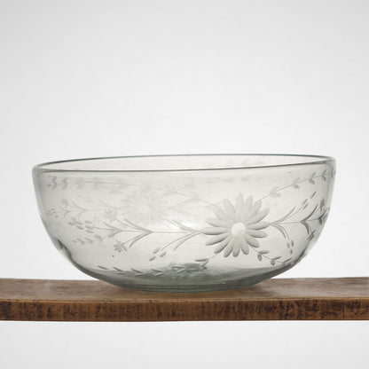 Floral Etched Serving Bowls in Blown Recycled Glass