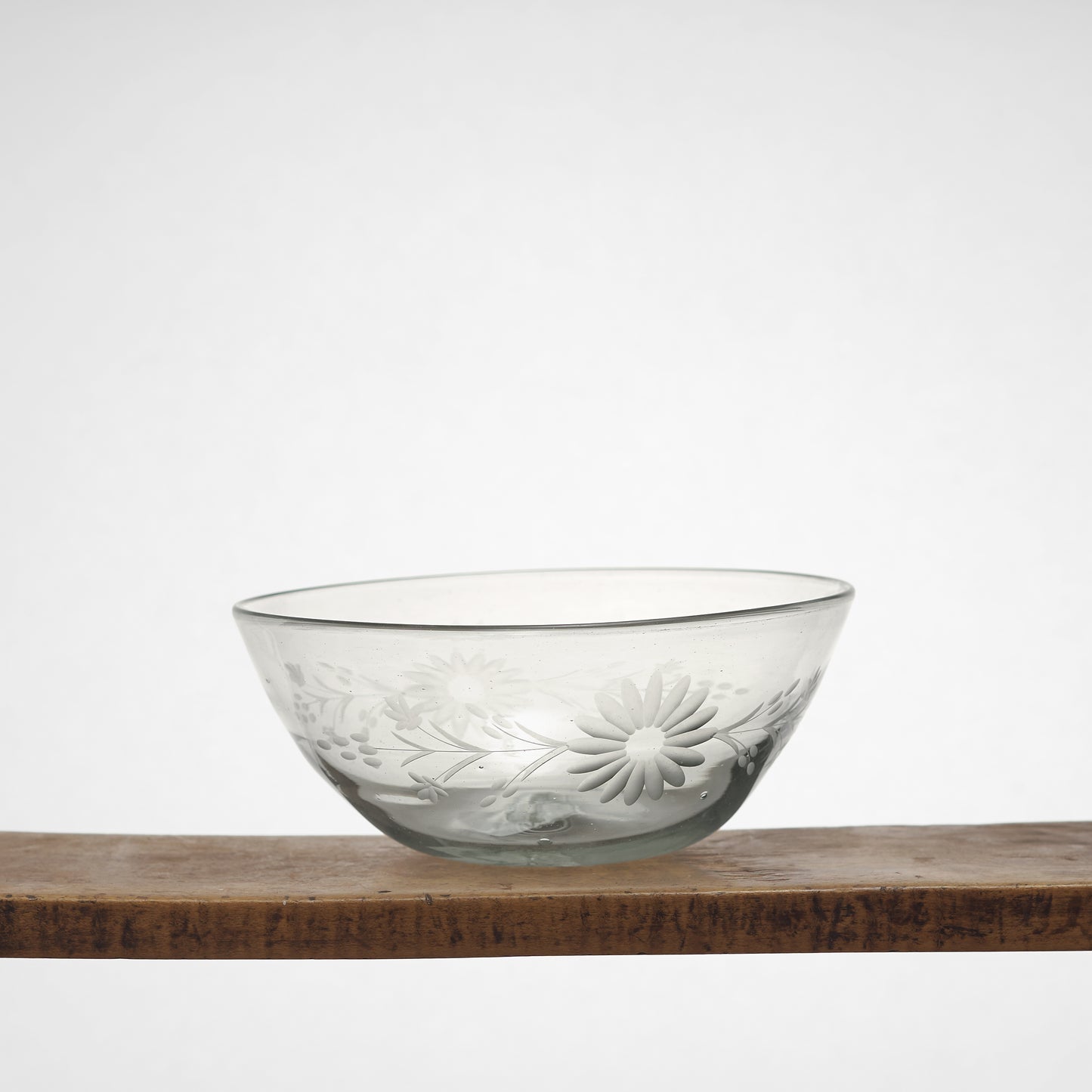 Floral Etched Serving Bowls in Blown Recycled Glass