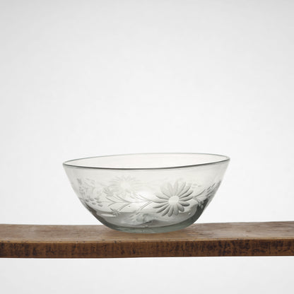 Floral Etched Serving Bowls in Blown Recycled Glass